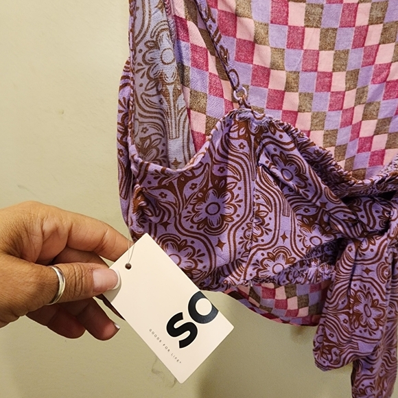 SO Juniors  Floral Checkered Pink and Brown Straps Short Casual Top Size L - Picture 8 of 12